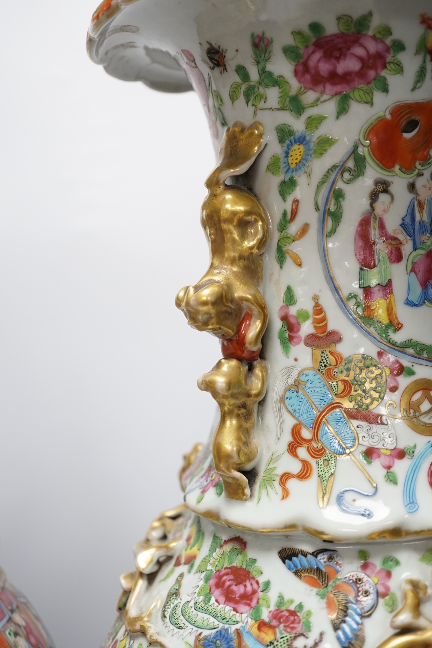 A pair of 19th century large Chinese Canton vases mounted as lamps, 59cm excluding lamp fittings